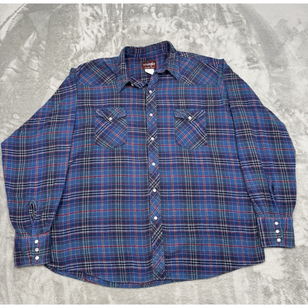 Vintage Wrangler Pearl Snap Shirt Mens 2XL XXL Blue Plaid Cotton Western Cowboy